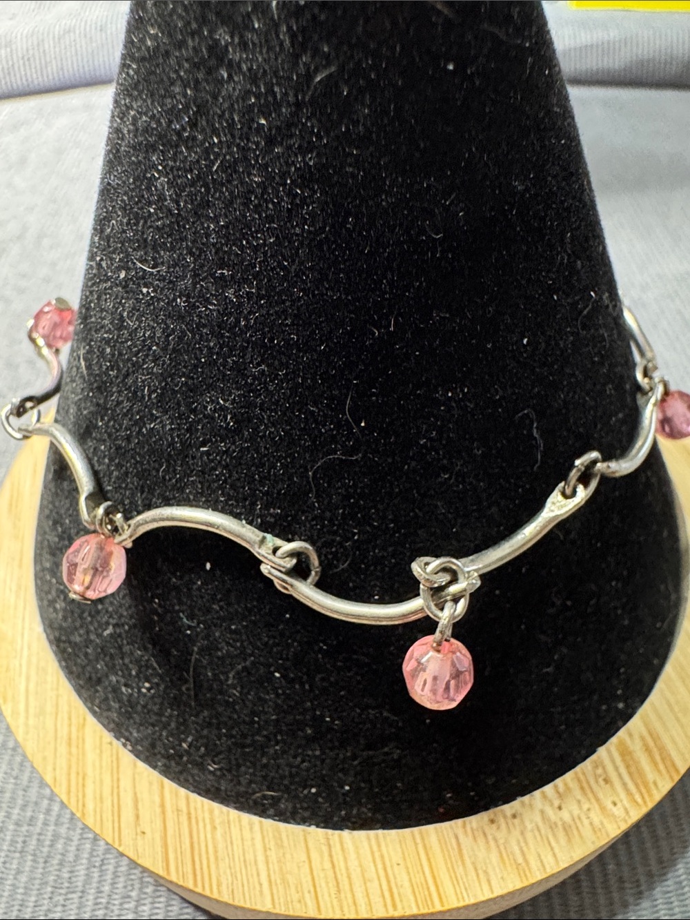 Vintage Source Unknown Silver-Tone Wave Bracelet with Pink Bead Drops